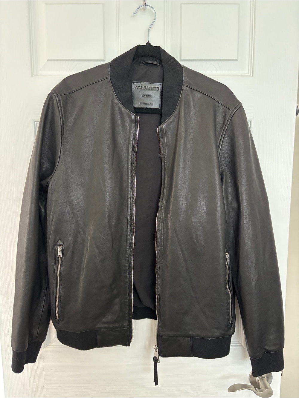 All Saints Men’s Black Leather Bomber Jacket with Ribbed Collar